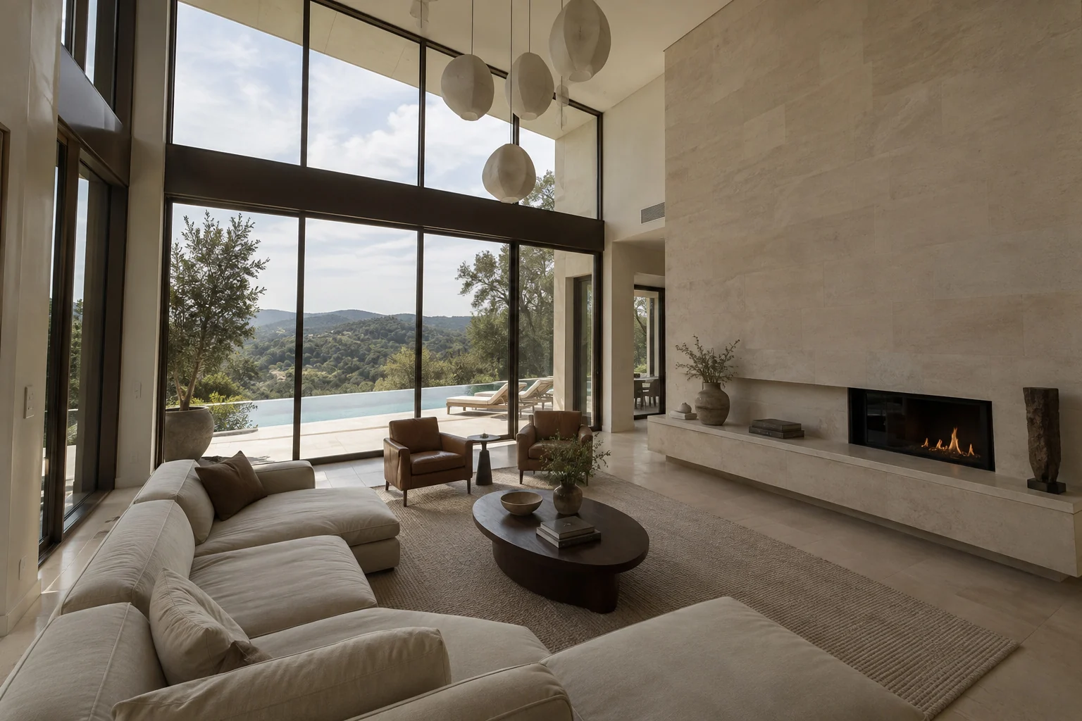 Dim original listing photo of the fictional Alder House living room, with limestone fireplace and cream sectional