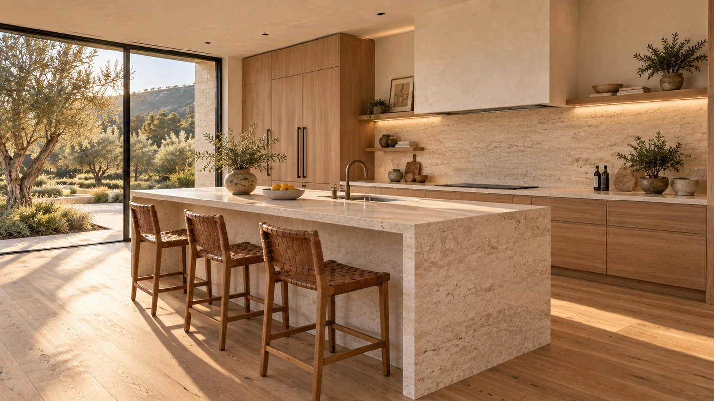 Stonehaven kitchen with oak cabinetry and a pale stone island